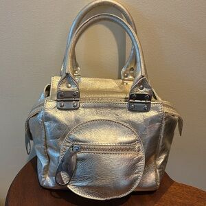 Regina Italian leather gold/ silver metallic satchel Futuristic silvertone NWOT